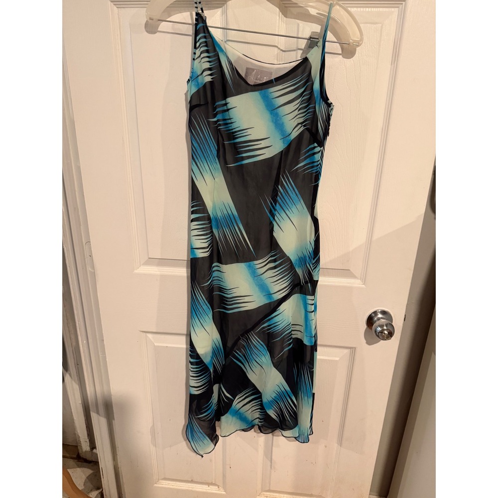 Vintage Blue Abstract Print Midi Dress Sheer Overlay Lettuce Hem Size M c18